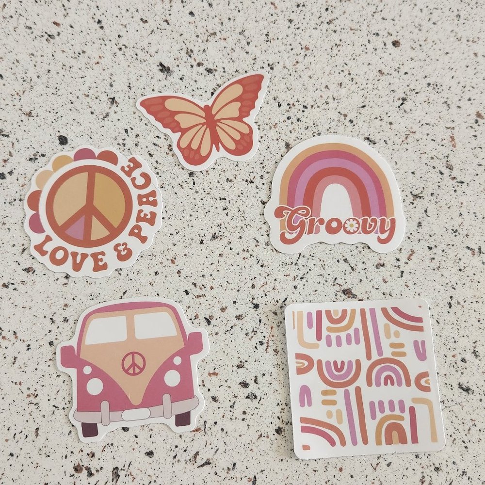 New 5 Piece Groovy Retro Boho Floral Peace Hippie Stickers